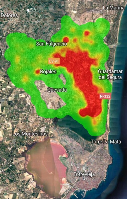 Mapa de calor con el uso del territorio efectuado por un macho de aguilucho cenizo en el entorno del PN Lagunas de la Mata y Torrevieja